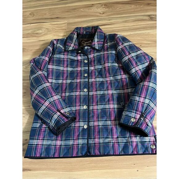 Coach Quilted Navy Blue & Purple Plaid Print Long Sleeve Snap Front Jacket Sz M - Picture 3 of 8